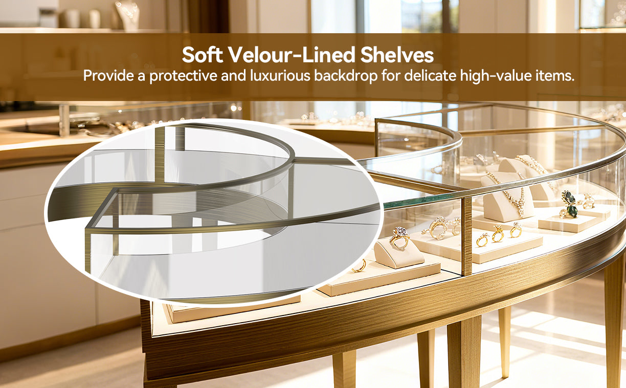 Display case with soft velour-lined shelves holding jewelry
