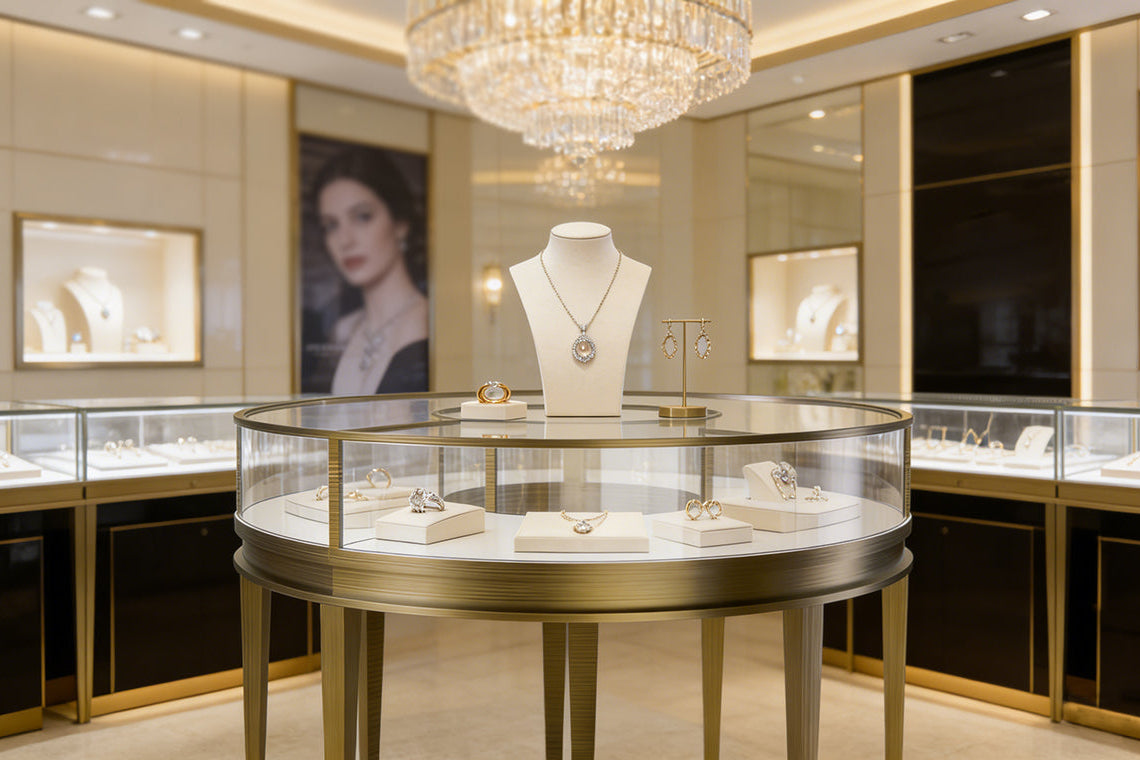 Jewelry store display with various necklaces and a chandelier.