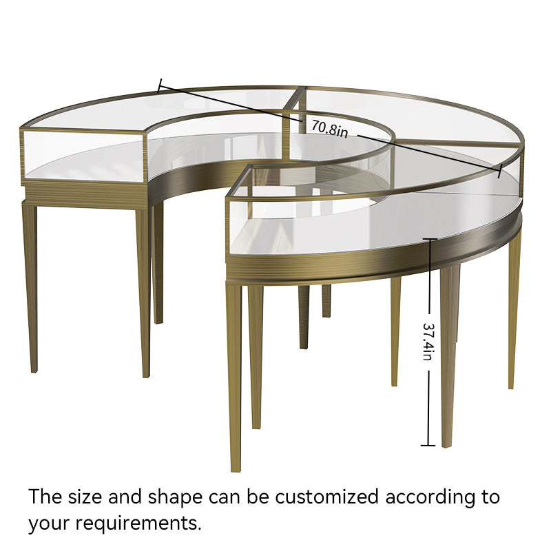 dimensions of curved glass display counter and size and shape customization are available