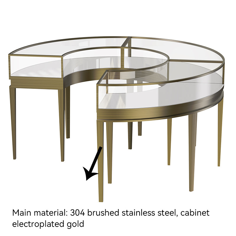 glass counter with main material being 304 brushed stainless steel and cabinet electroplated gold 