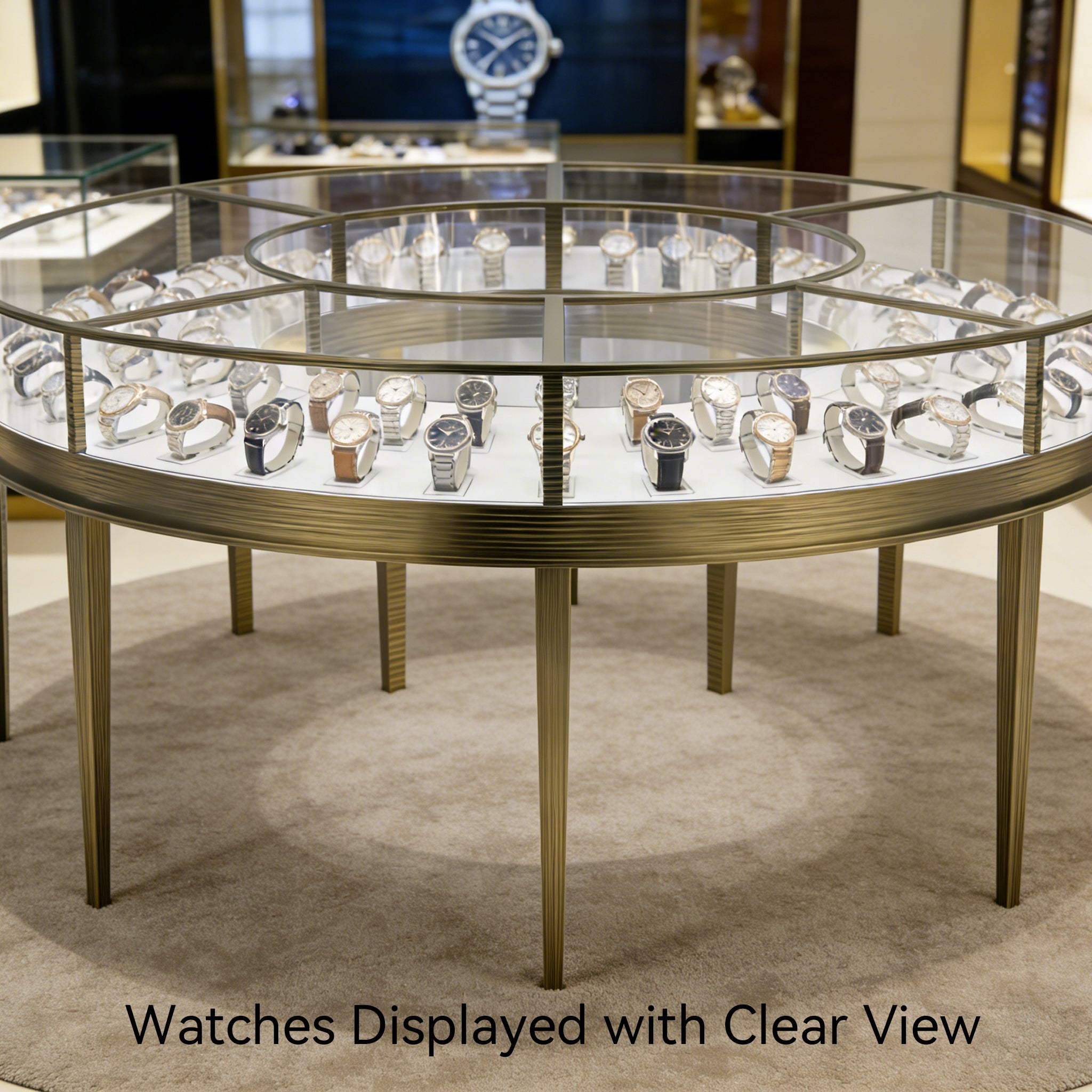 Round glass display table with watches in a showroom setting