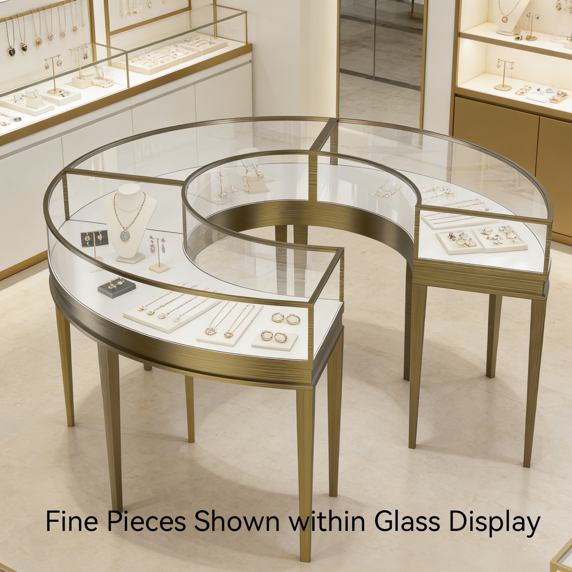 Jewelry display case with glass panels showcasing fine pieces in a store setting.