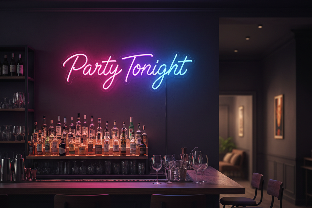 Custom neon sign "PARTY TONIGHT" in bar setting