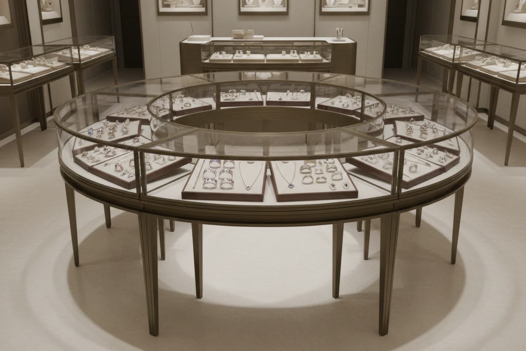 Jewelry glass counter with natural floor extension at bottom