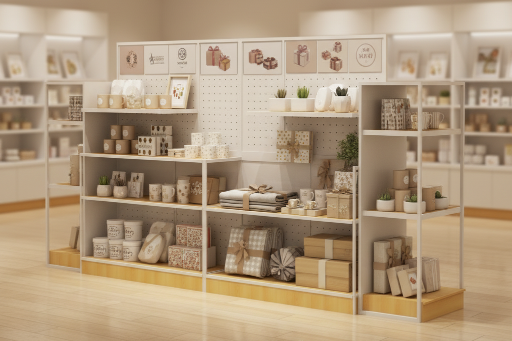 Retail island shelf with boutique gift shop themed posters