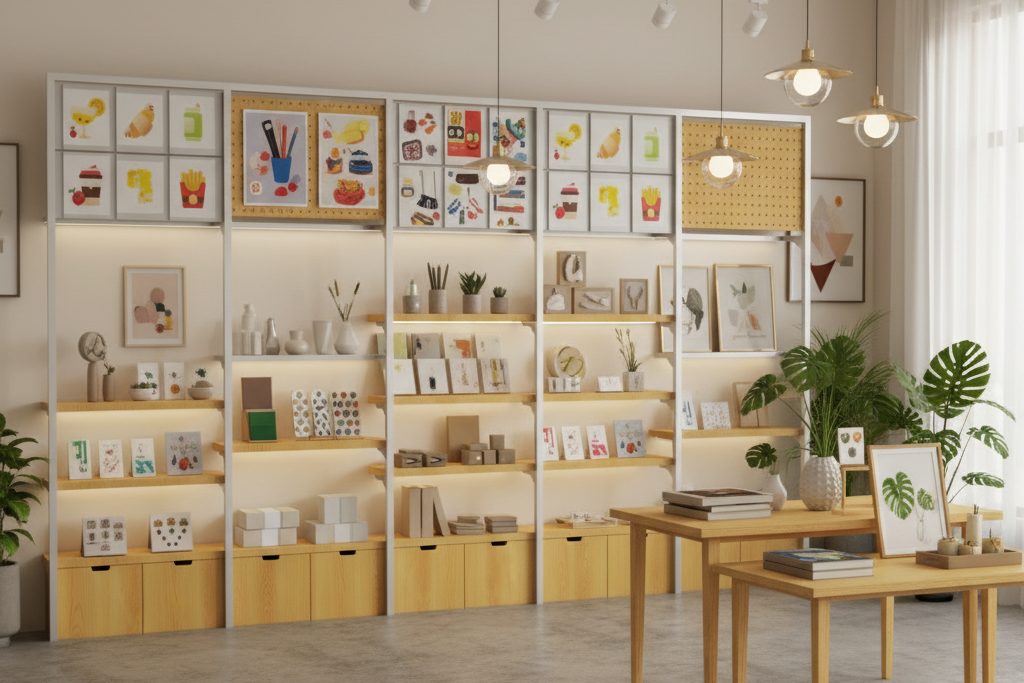 Retail wall shelf in diverse cultural and creative shop with bottom space