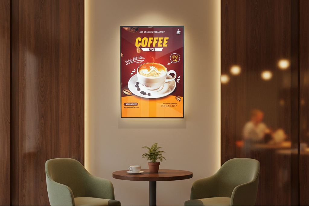 Ultra-Thin LED Light Box cafe scene with chairs