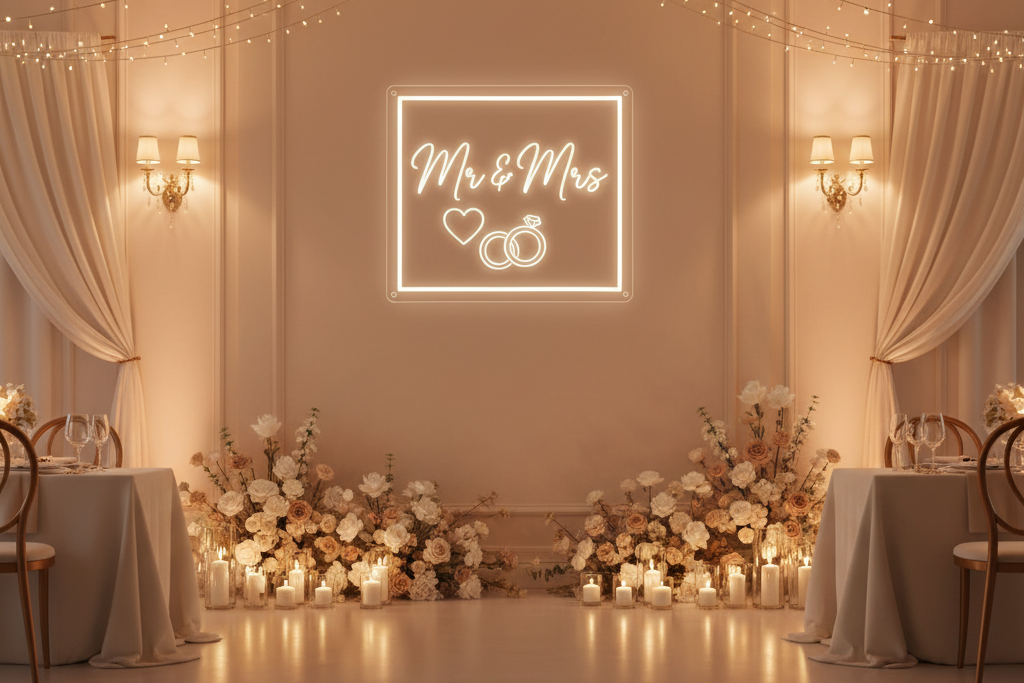 Wedding-themed acrylic neon sign with larger bottom space